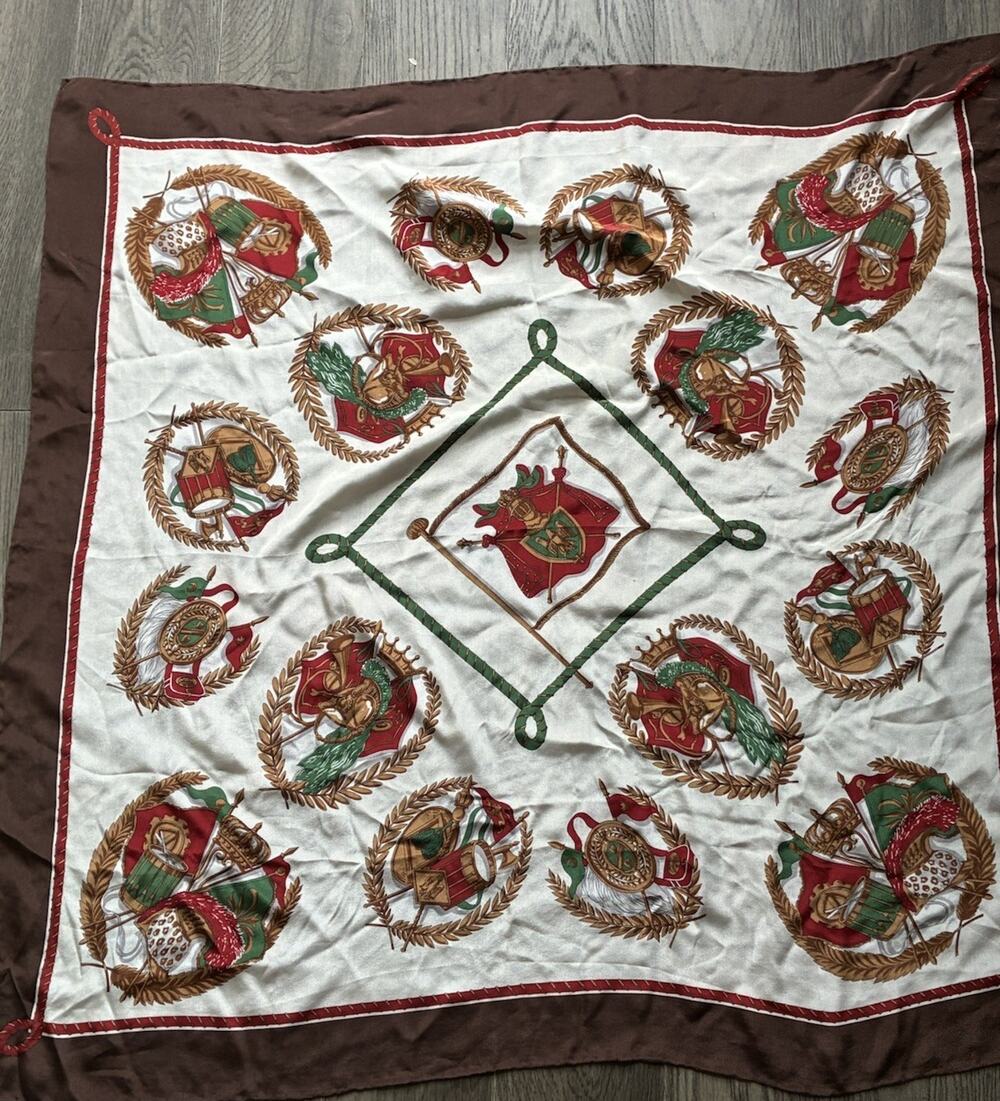 Vintage Equestrian Silk Scarf Brown Red Gold Horse Tack Print 34” Square